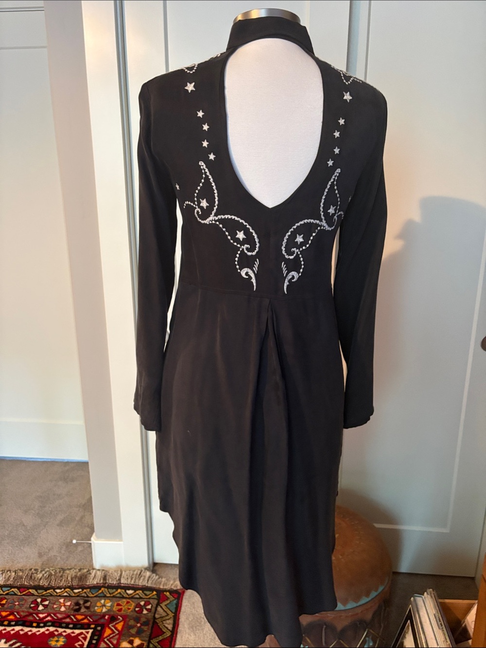 Odd Molly Black Long-Sleeve Embroidered Shirt Dress w/ White Motifs & open back. - Picture 3 of 11
